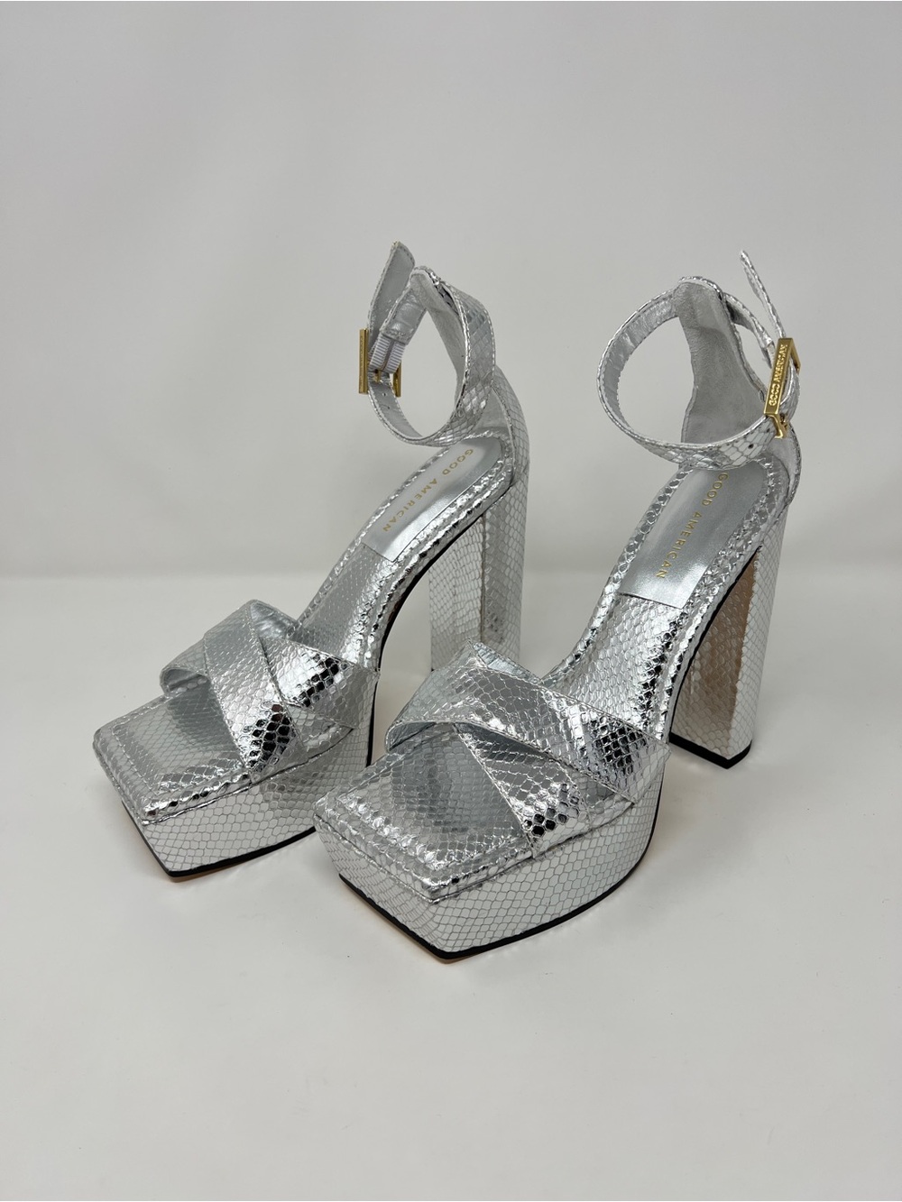Good American Silver Snake-Texture Platform Block Heels with Ankle Strap